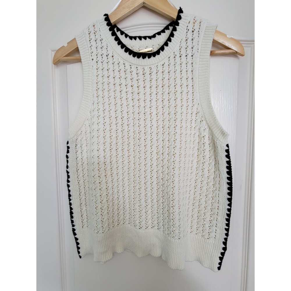 Magaschoni Womens White Cotton Pointelle Knit Sweater Vest Black Scallop Trim M